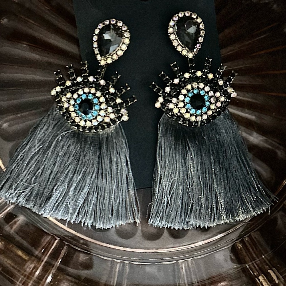 Made by me! Evil Eye 🧿 Black and Silver Tassel Earrings